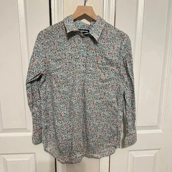 Lands’ End Women’s Floral Cotton/Linen Blend Half Button Down Long Sleeve Size M - Picture 1 of 14